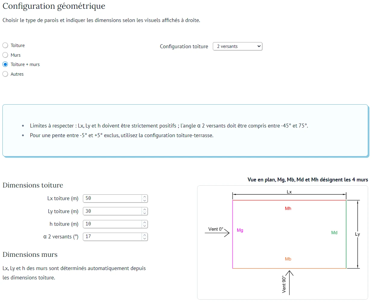 Configuration géométrique d'un bâtiment à deux versants dans Kwind