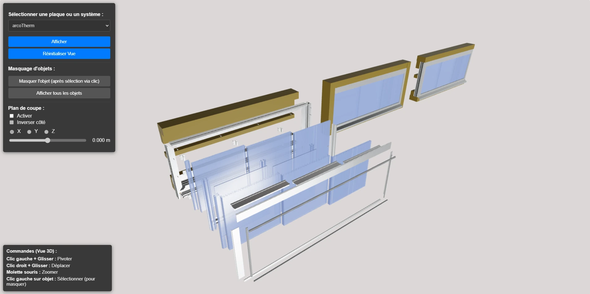Interface de la visionneuse 3D affichant un système constructif complet en vue éclatée