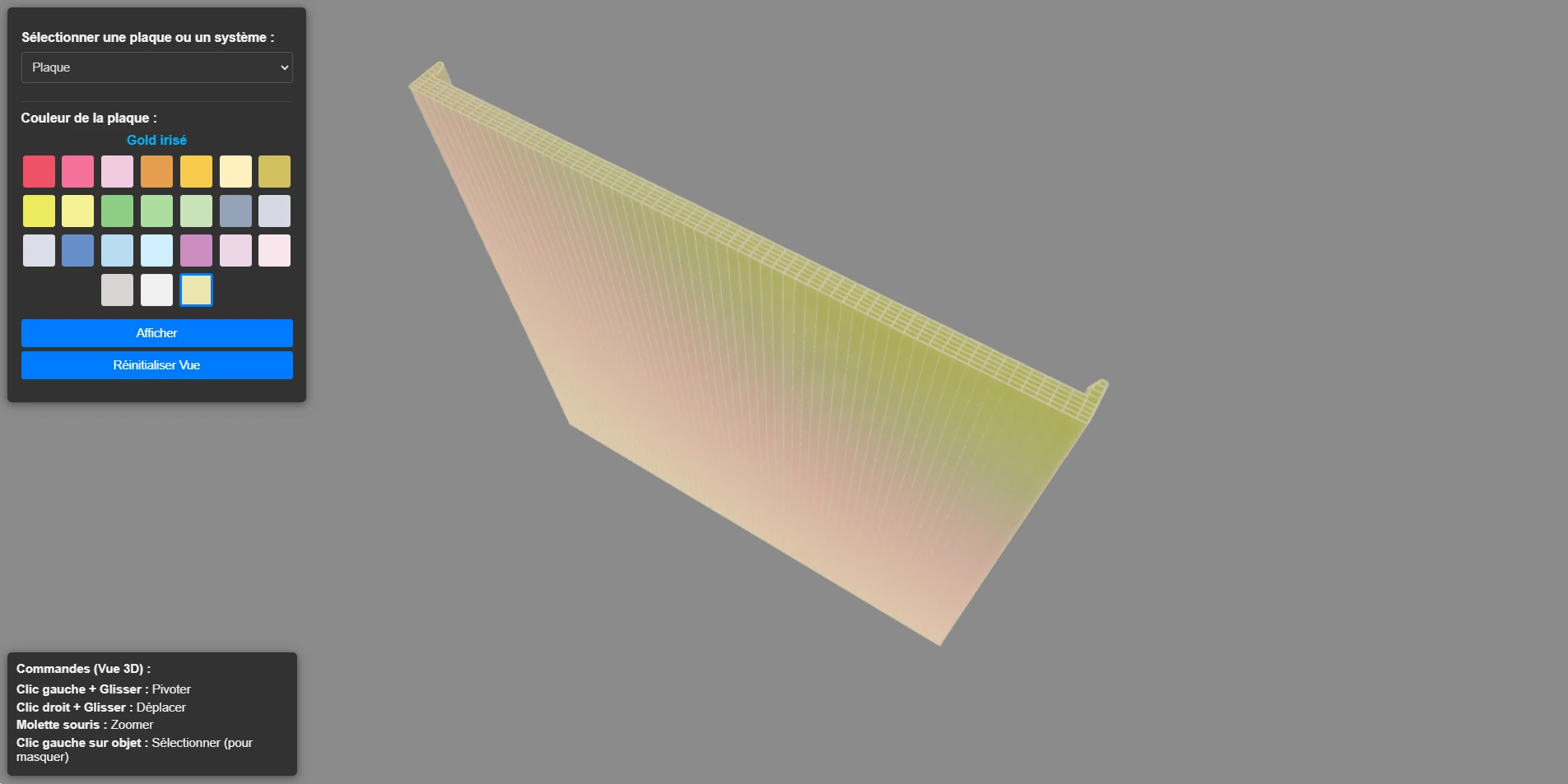 Interface de la visionneuse 3D affichant une plaque dorée irisée et sa palette de matériaux